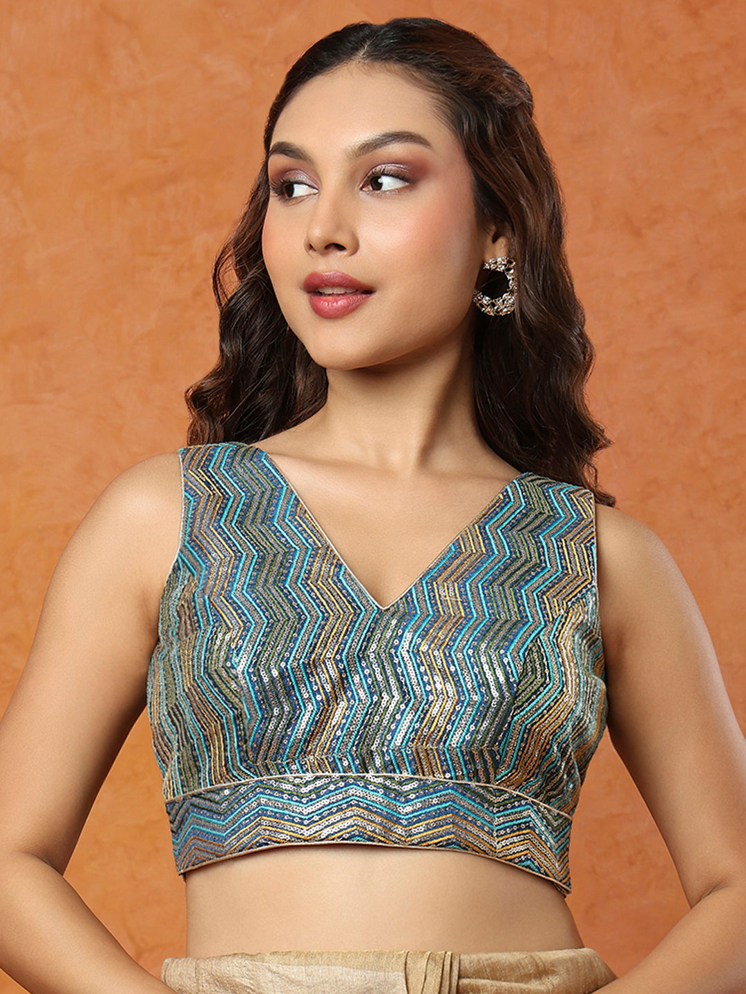 Blue Sequinned Sleeveless Readymade Blouse