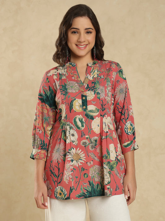 Red Cotton Floral Printed Short Kurti