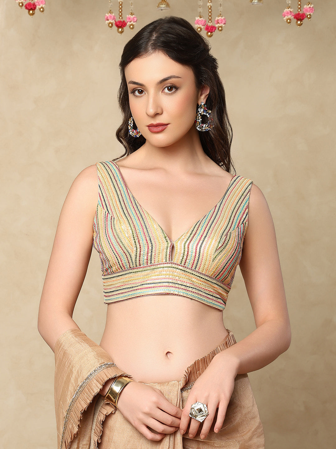 Gold Georgette Sleeveless Readymade Padded Blouse