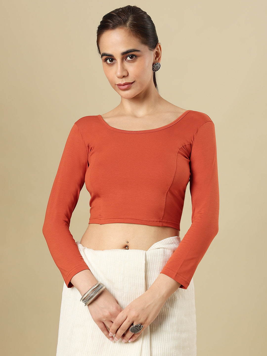 Rust Cotton Lycra Round Neck Stretchable Saree Blouse