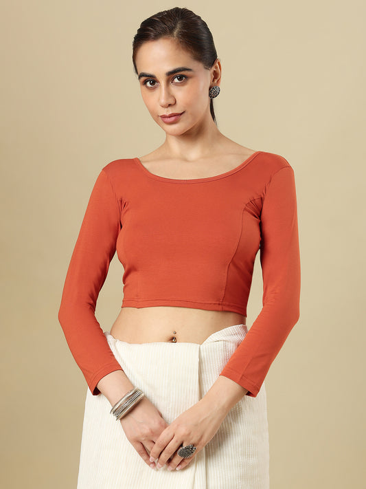 Rust Cotton Lycra Round Neck Stretchable Saree Blouse