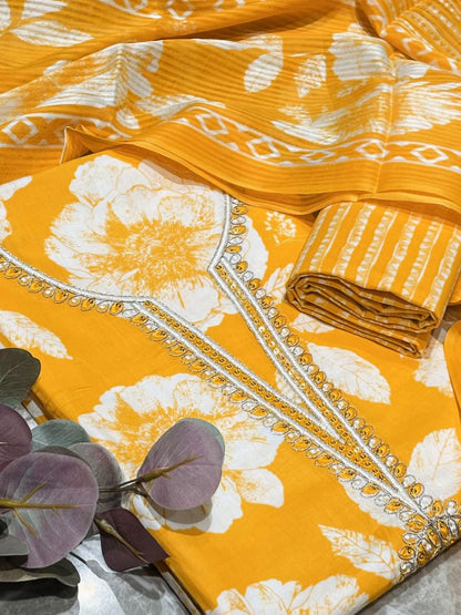 Yellow Cotton printed Unstitched Dress Material