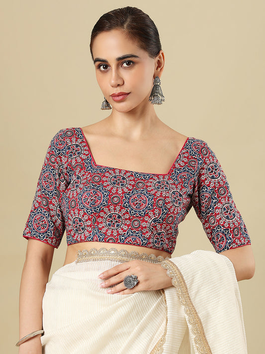 Cotton Ajrakh Printed Square Neck Padded Saree Blosus