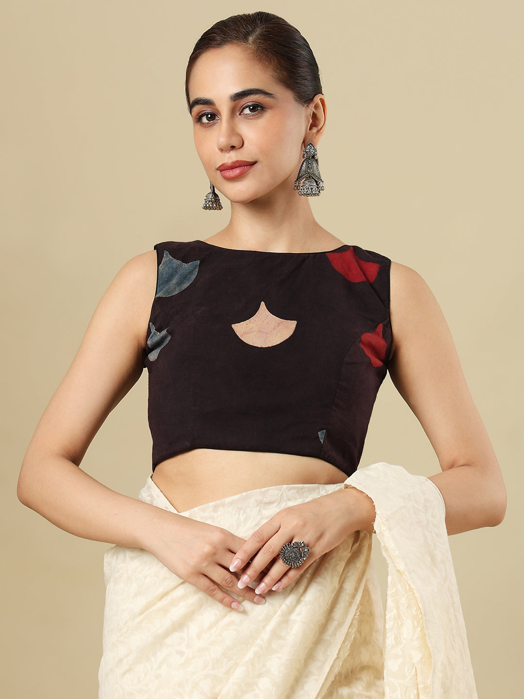 Black Pure Cotton Ajrakh Block Printed Sleeveless Readymade Blouse
