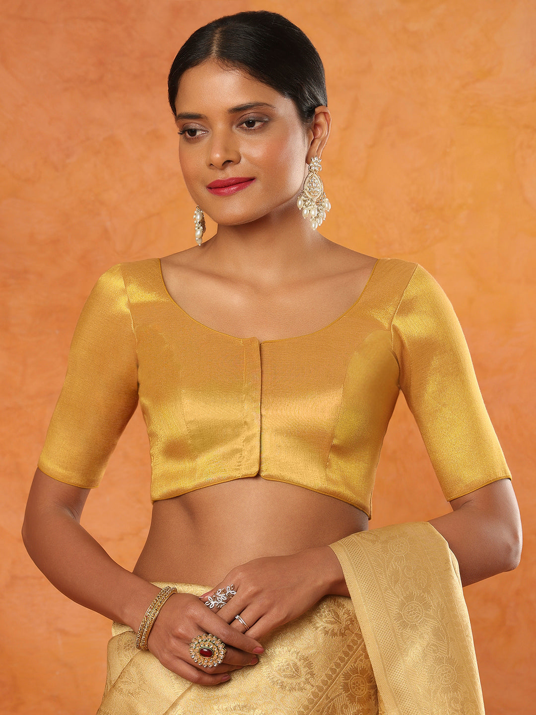 Gold Tissue Round Neck Readymade Blouse