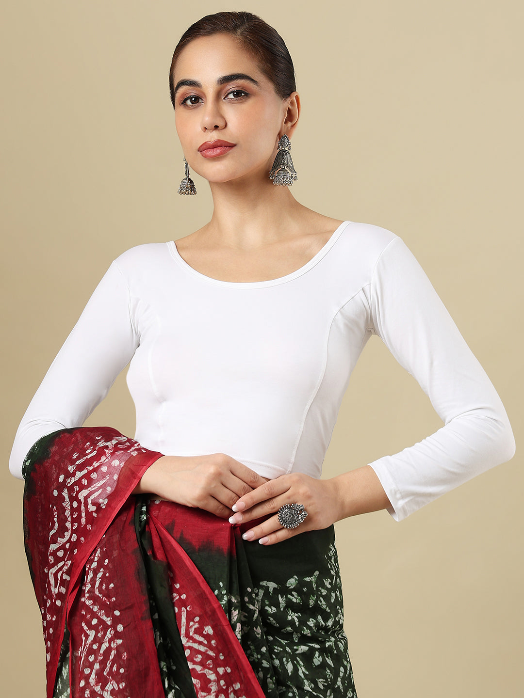 White Cotton Lycra Round Neck Stretchable Saree Blouse