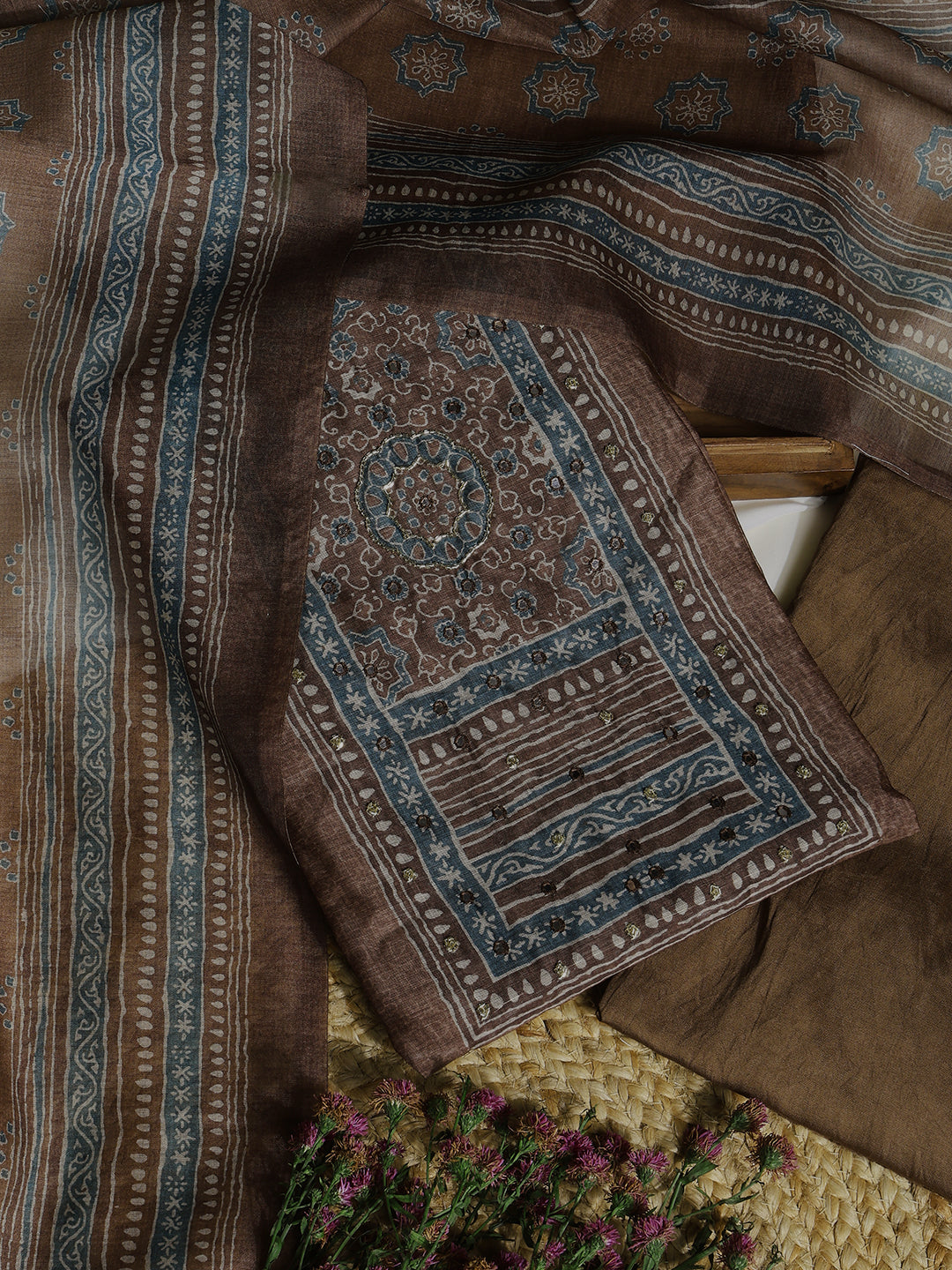 Brown Chanderi Silk Embellished Unstitched Dress Material (3 Pc)