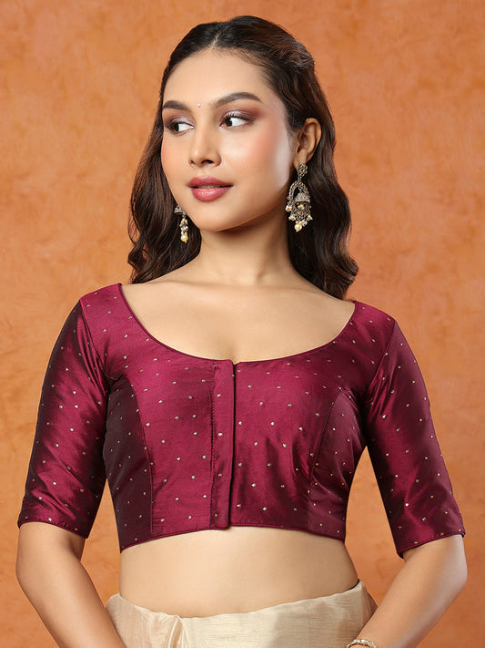 Plum Taffeta Silk Round Neck Readymade Blouse