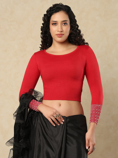 Red Woolen Round Neck Readymade Blouse