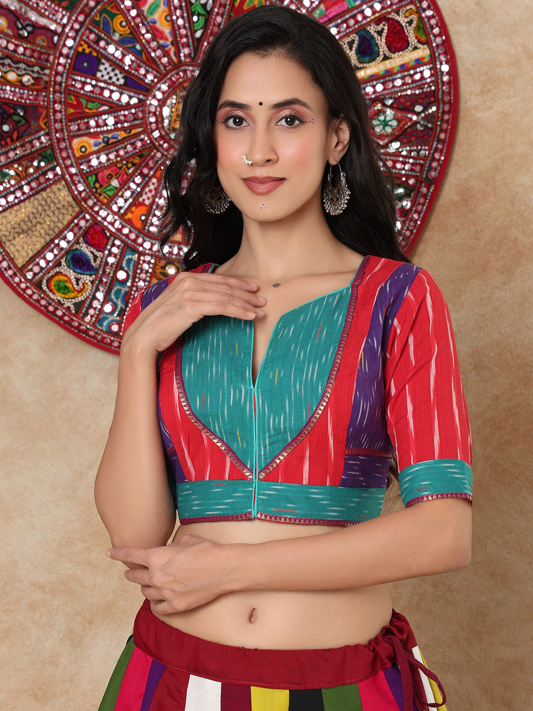 Multicolour Cotton Ikat V Neck Readymade Padded Blouse