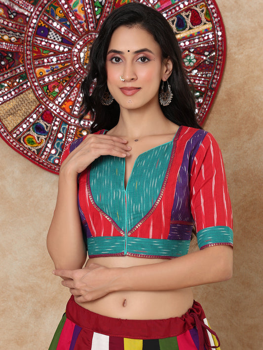 Multicolour Cotton Ikat V Neck Readymade Padded Blouse