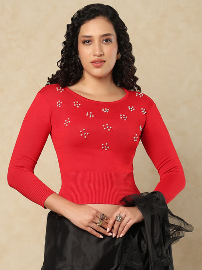 Red Woolen Round Neck Readymade Blouse