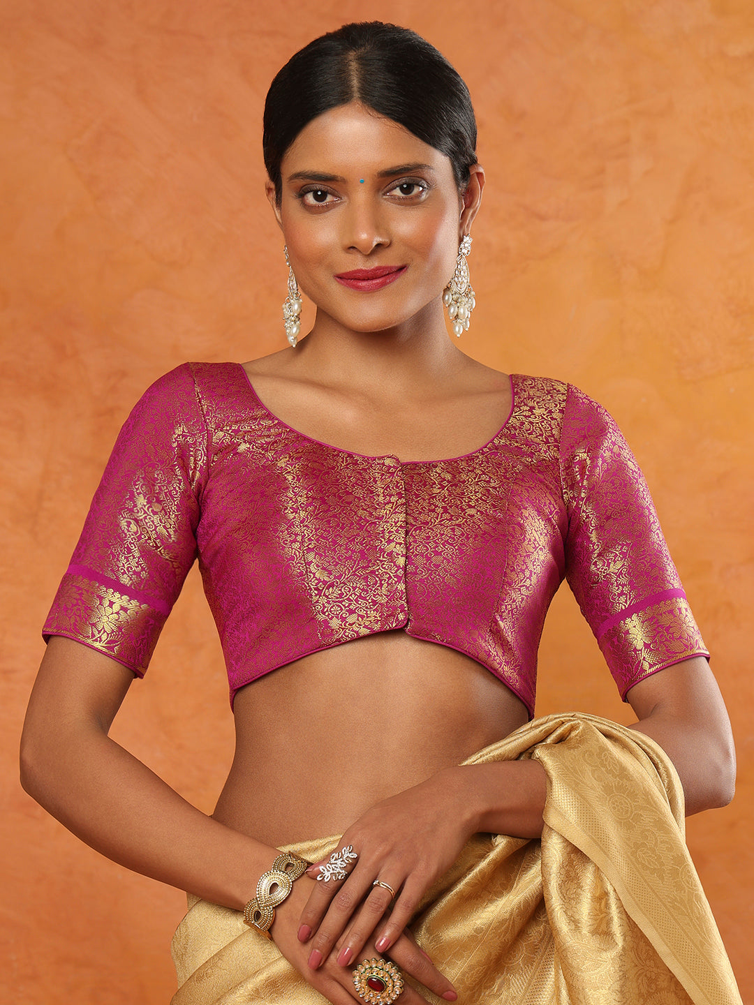 Purple Brocade Round Neck Readymade Blouse