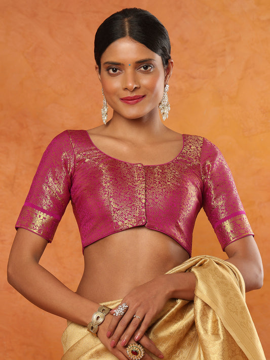 Purple Brocade Round Neck Readymade Blouse