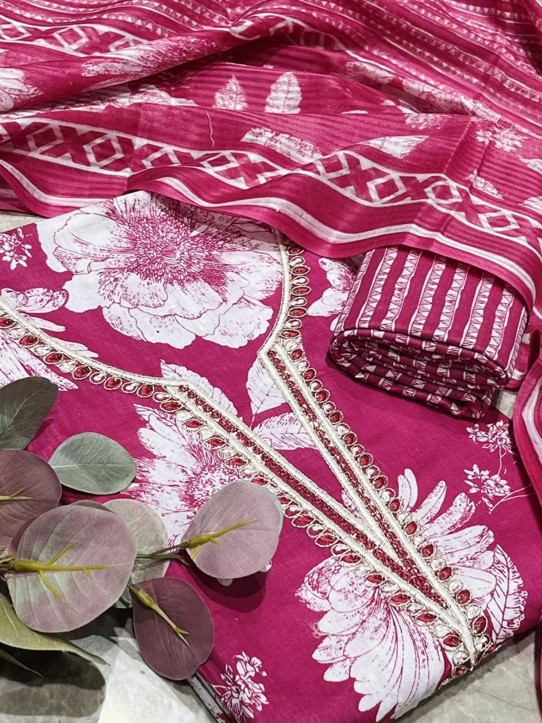 Pink Cotton Printed Unstitched Dress Material
