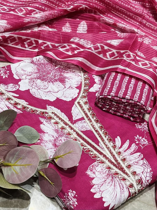 Pink Cotton Printed Unstitched Dress Material