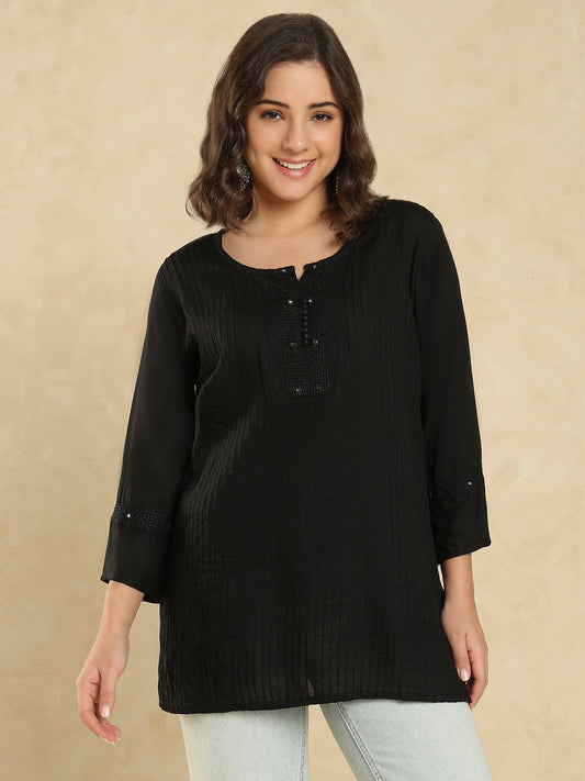 Black Cotton Solid Embroidered Short Kurti