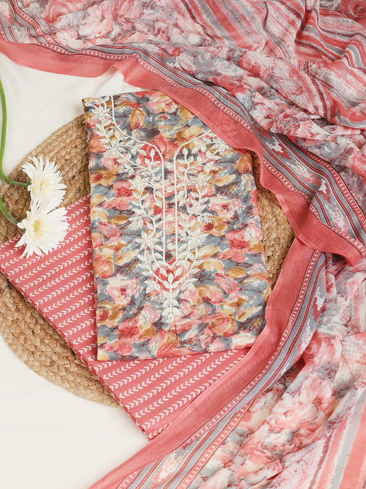 Cotton Embroidered Peach Unstitched Dress Material