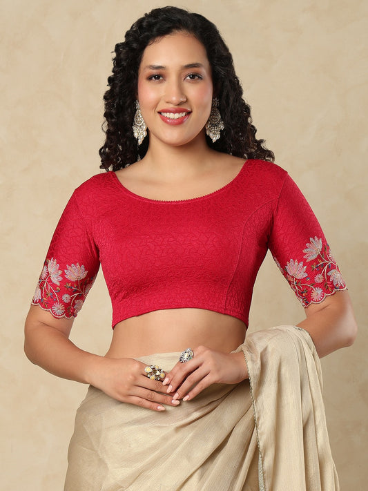 Pink Cotton Lycra Round Neck Readymade Blouse