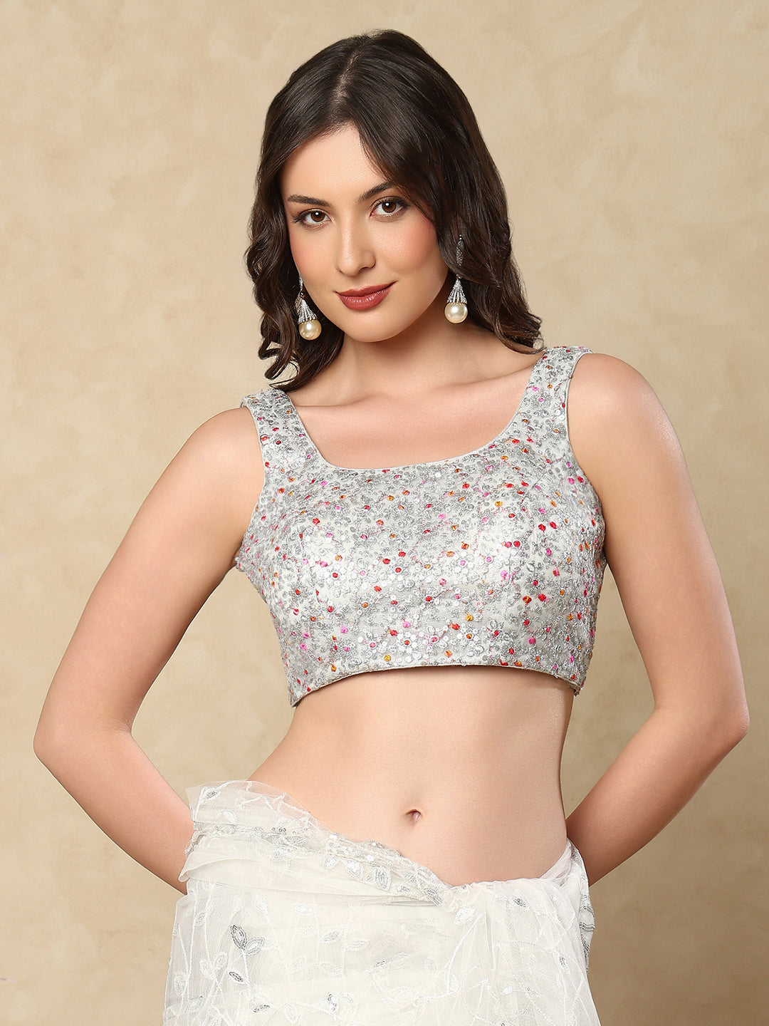 Silver Net Sleeveless Readymade Blouse