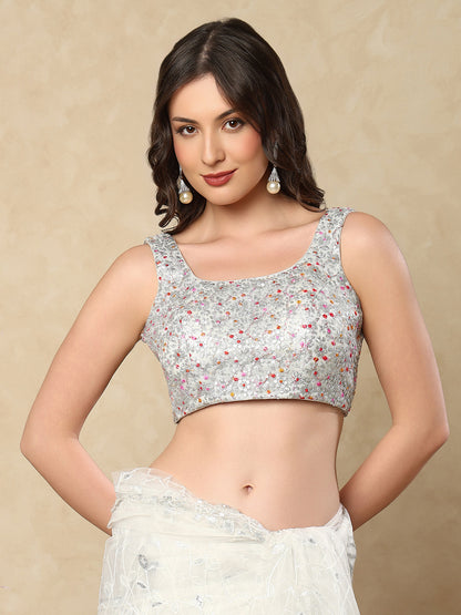 Silver Net Sleeveless Readymade Blouse