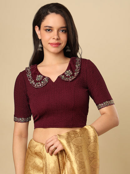 Wine Embroidered Non Padded Stretchable Saree Blouse