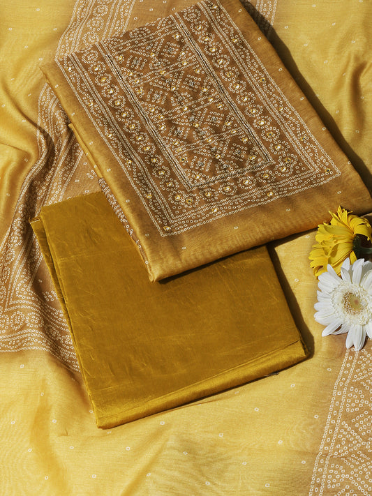Yellow Chanderi Silk Embellished Unstitched Dress Material (3 Pc)