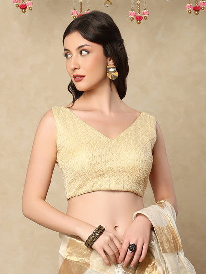 Gold Georgette V Neck Sleeveless Readymade Blouse