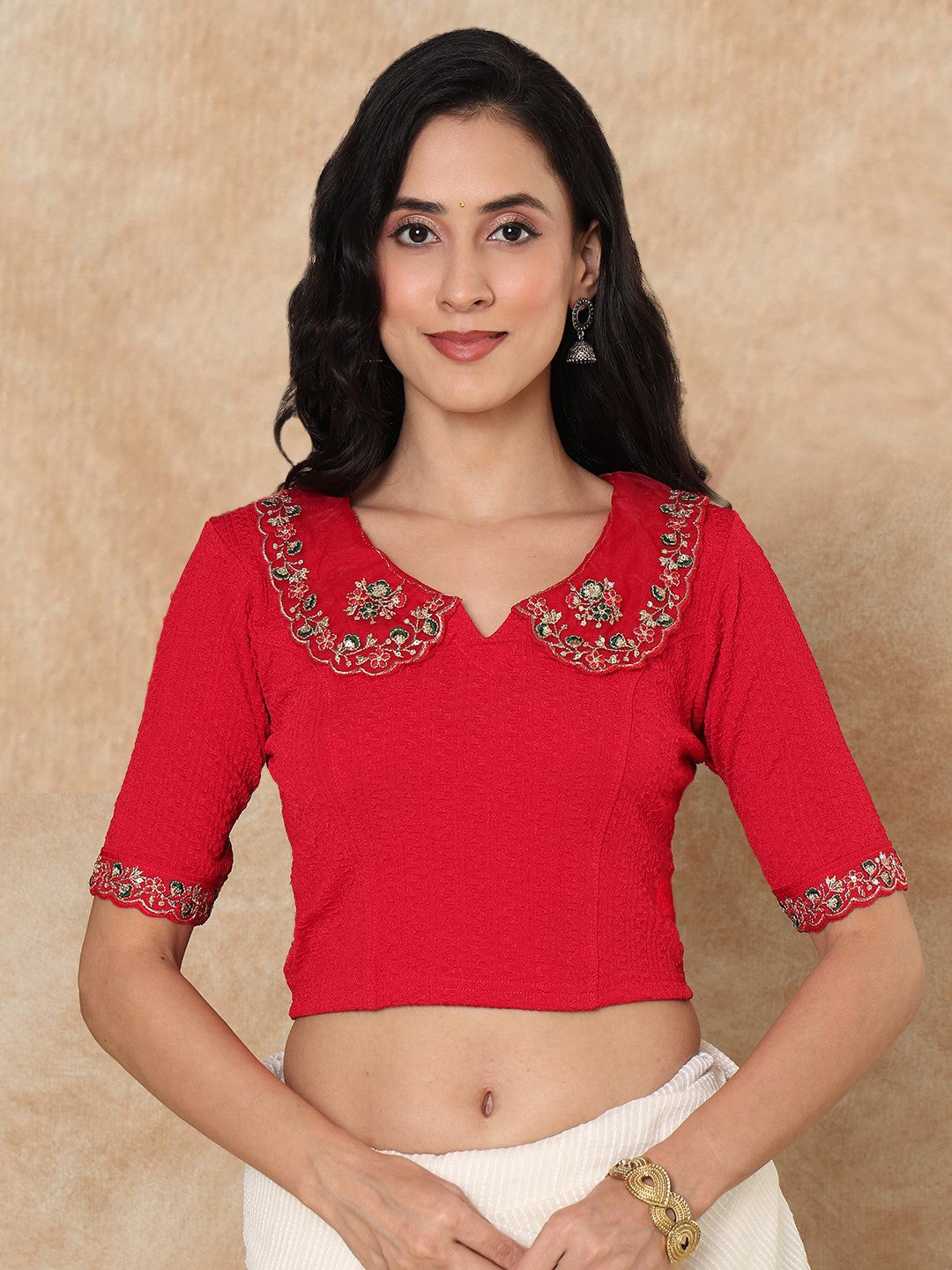 Red Embroidered Non Padded Stretchable Saree Blouse