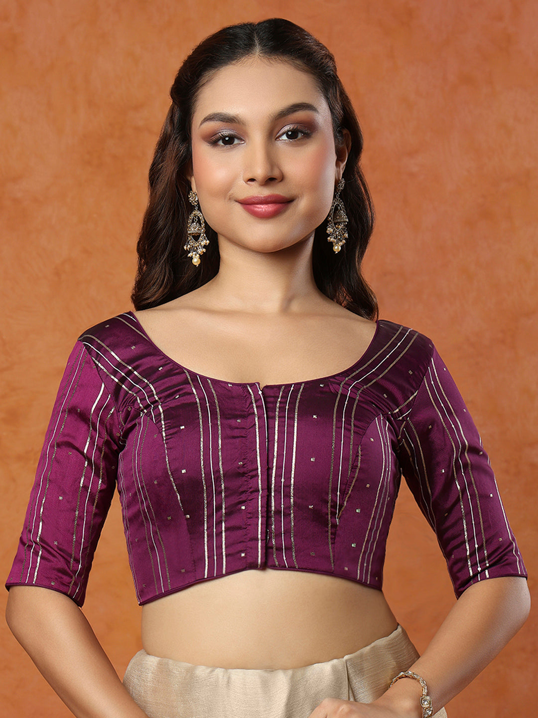 Purple Taffeta Silk Round Neck Readymade Blouse