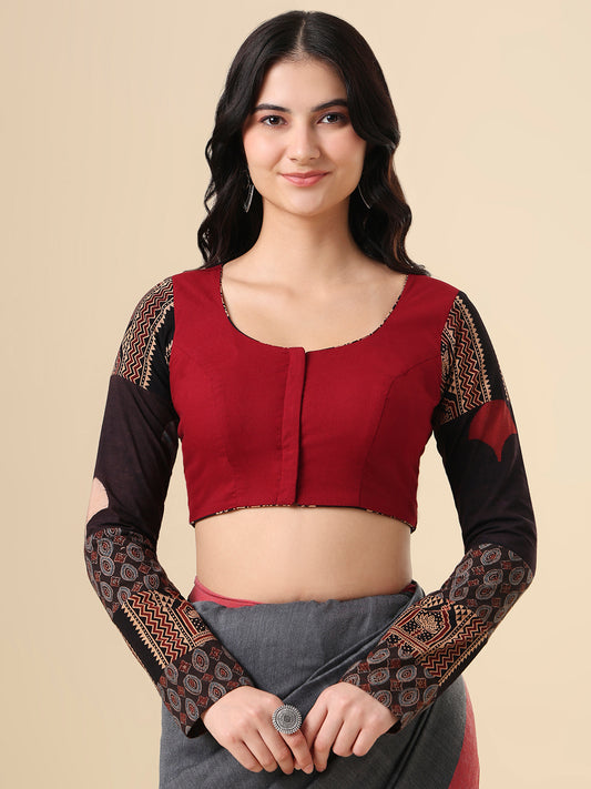 Maroon Pure Cotton Ajrakh Hand Block Printed Full Sleeves Readymade Blouse