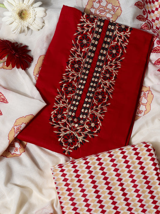 Cotton Embroidered Maroon Unstitched Dress Material
