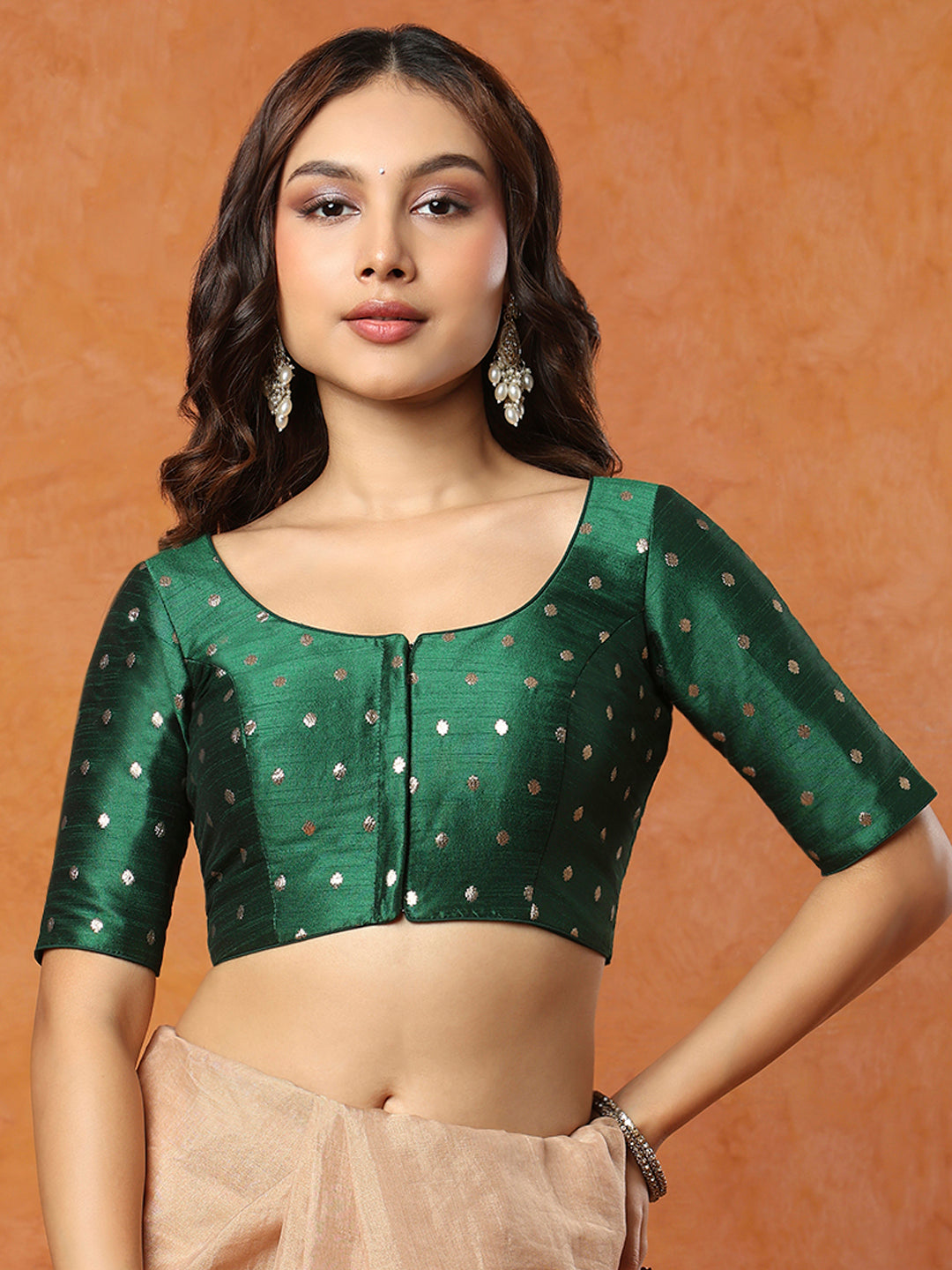Green Brocade Round Neck Readymade Blouse