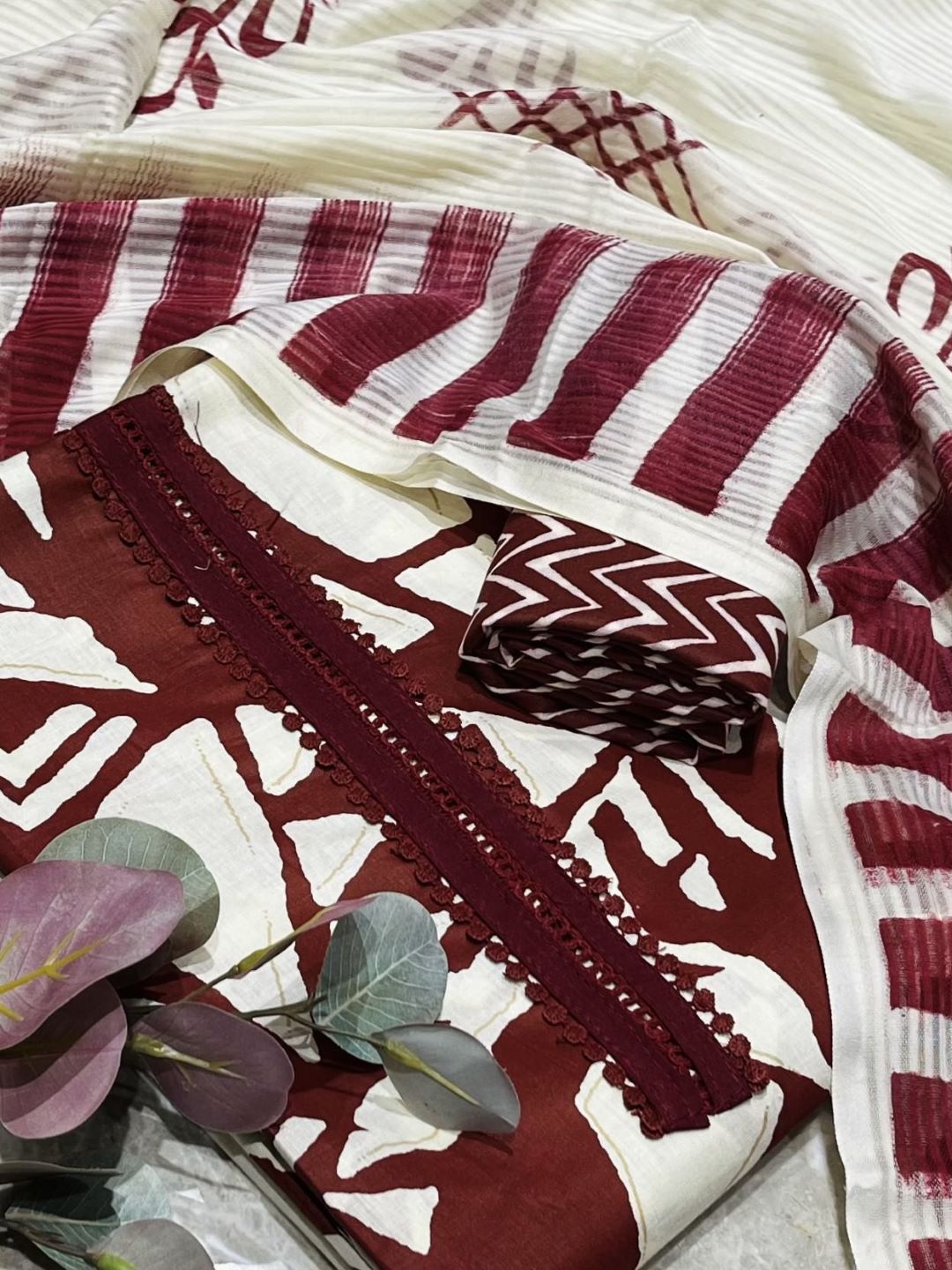 Maroon Cotton Printed Unstitched Dress Material