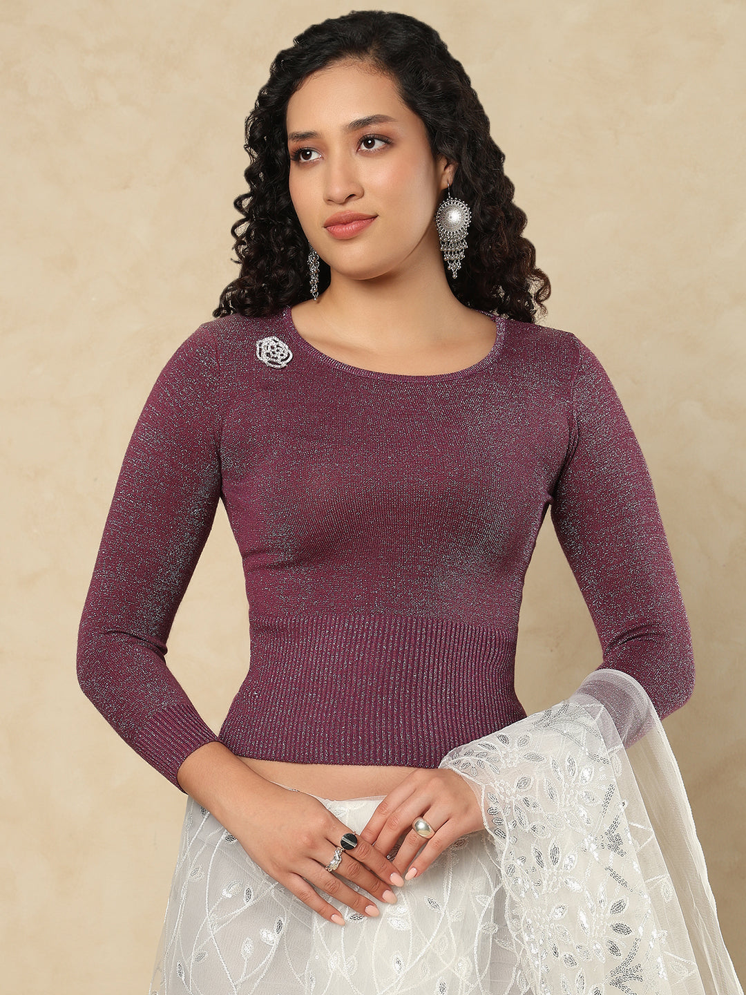 Wine Woolen Round Neck Readymade Blouse