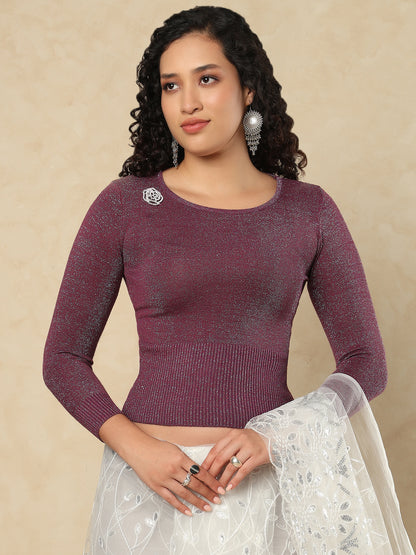 Wine Woolen Round Neck Readymade Blouse