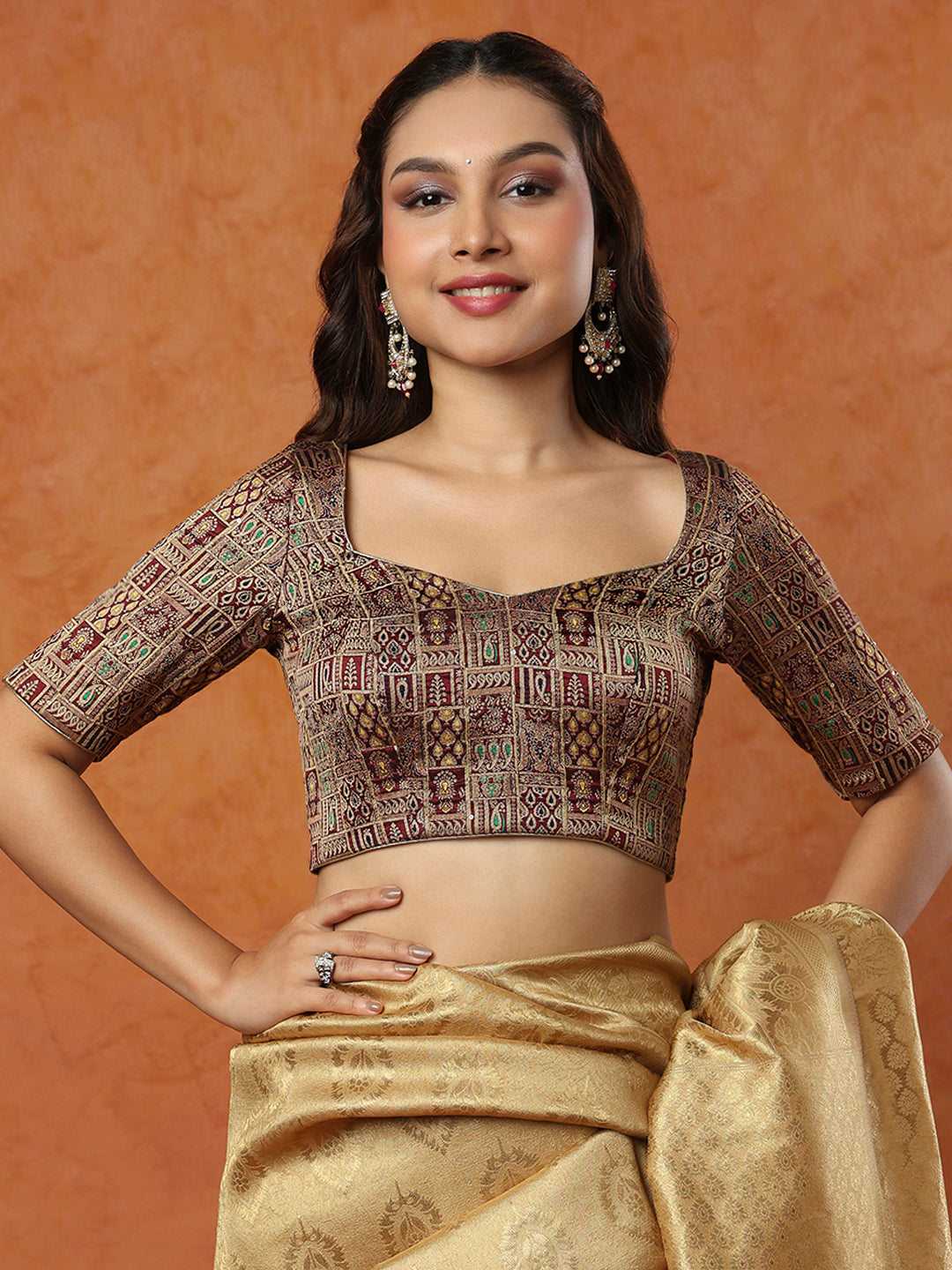 Maroon Brocade Sweetheart Neck Readymade Blouse
