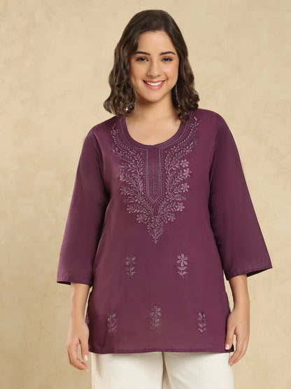 Purple Cotton Solid Embroidered Short Kurti