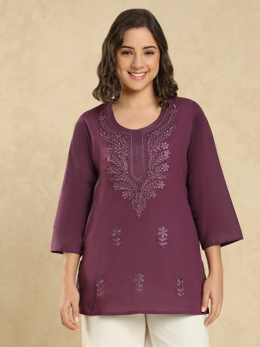 Purple Cotton Solid Embroidered Short Kurti