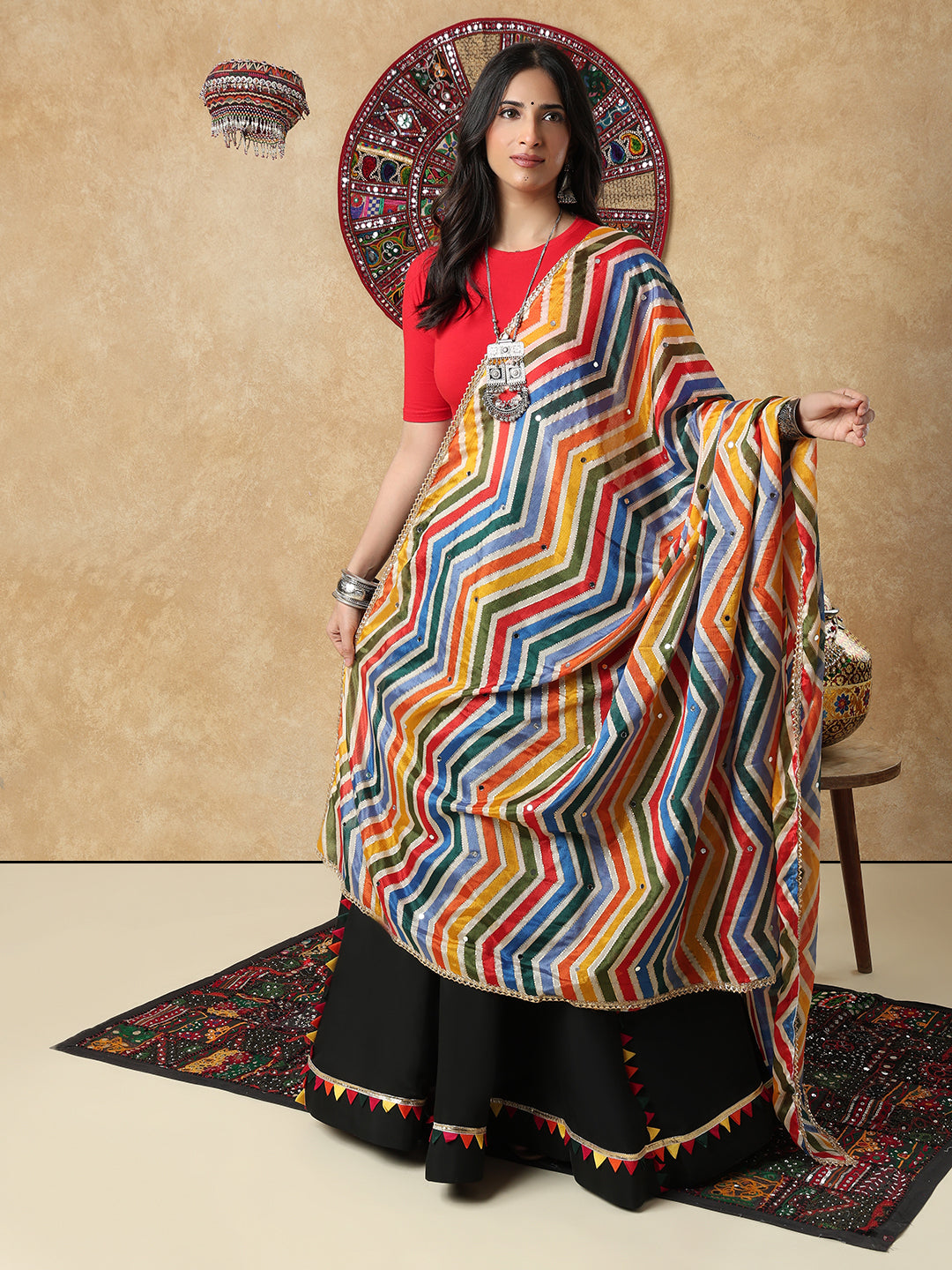Multicolour Leheriya Silk Mirror Work Festive Garba Dupatta For Navratri