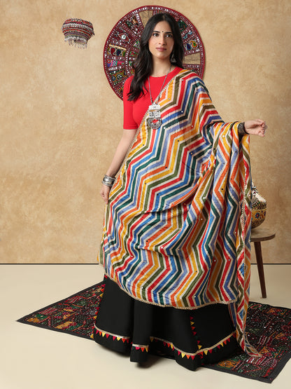Multicolour Leheriya Silk Mirror Work Festive Garba Dupatta For Navratri
