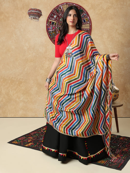 Multicolour Leheriya Silk Mirror Work Festive Garba Dupatta For Navratri