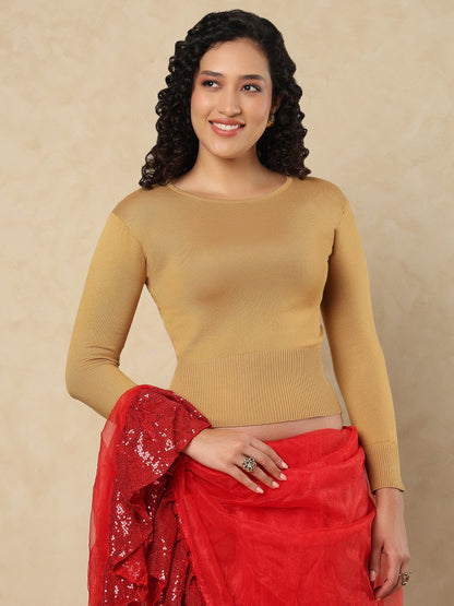 Beige Woolen Round Neck Readymade Blouse