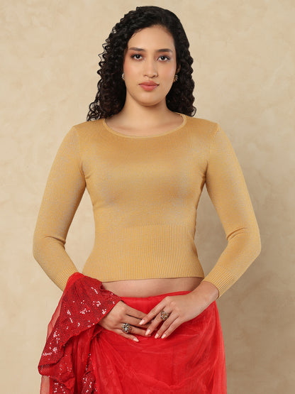 Gold Woolen Round Neck Full Sleeves Stretchable Readymade Blouse