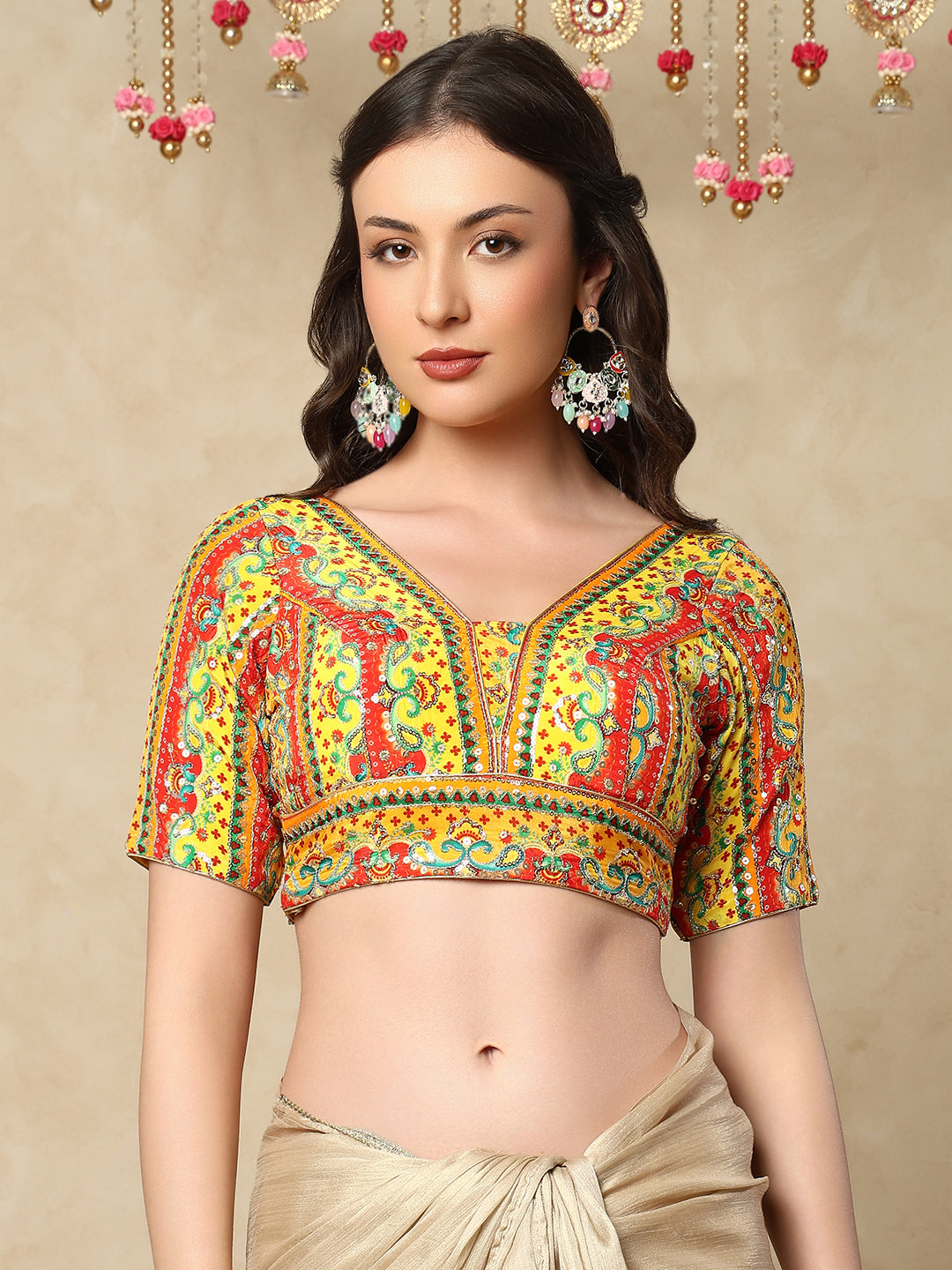 Yellow silk V Neck Readymade Blouse