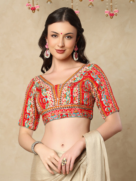 Red silk V Neck Readymade Blouse