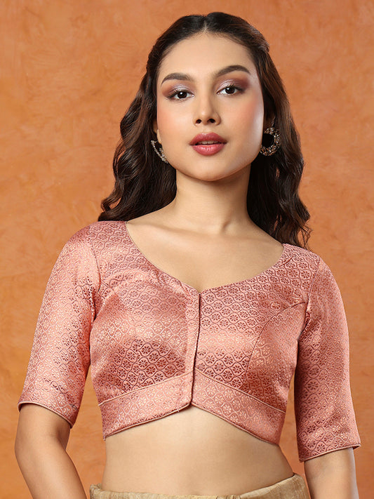 Rose Gold Brocade Round Neck Readymade Blouse