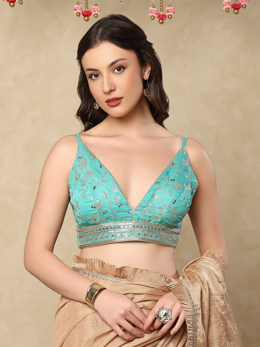 Blue Silk Embroidered Sleeveless Readymade Blouse