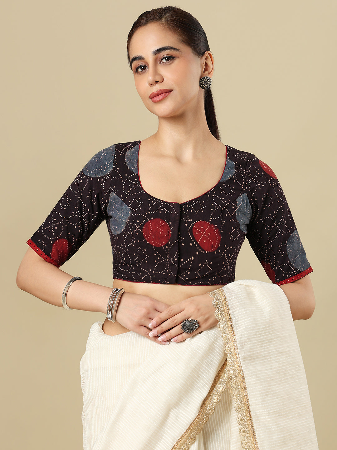 Ajrakh Block Printed Cotton Round Neck Non-Padded Saree Blouse