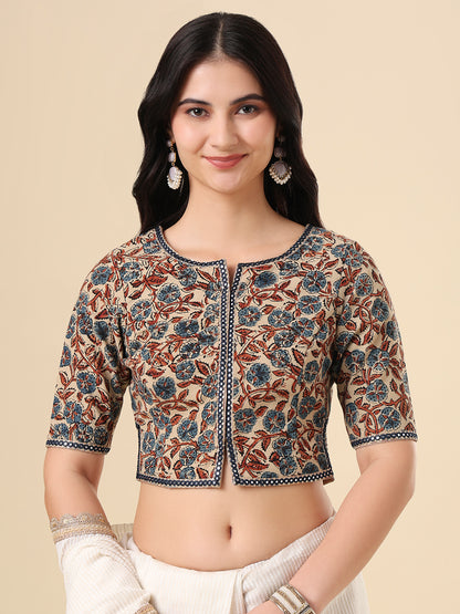 Beige Pure Cotton Ajrakh Hand Block Printed Readymade Blouse